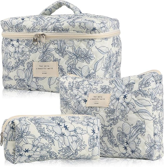 Cute Makeup Bag for Women(3 Pcs), Quilted Floral Coquette Aesthetic Make up Bags, Travel Cosmetic Bags Toiletry Organizer Bag(NavyBlue Flower)