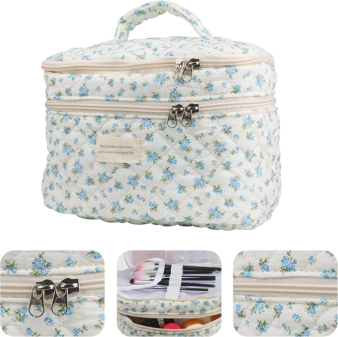 Dual Layer Cute Makeup Bag for Women(3 Pcs), Quilted Floral Coquette Aesthetic Make up Bags, Travel Cosmetic Bags Toiletry Organizer Bag(Blue Rose)