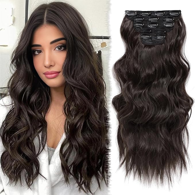 Synthetic Clip in Hair Extensions 20 Inch 5Pcs Dark Brown Long Wavy Thick Hairpieces Double Weft Natural Hair Extensions for Women