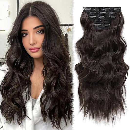 Synthetic Clip in Hair Extensions 20 Inch 5Pcs Dark Brown Long Wavy Thick Hairpieces Double Weft Natural Hair Extensions for Women