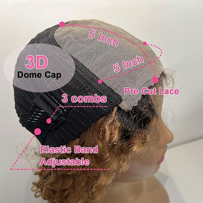 1B/30 Wear and Go Bob Wig Human Hair Deep Wave Ombre Lace Front Wigs Human Hair 5x5 Lace Wigs Glueless Wigs Human Hair Pre Cut Curly Wig Human Bob Hair 180% Density with Black Roots 12 Inch