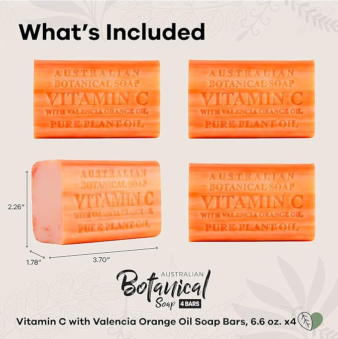 Australian Botanical Soap Vitamin C with Valencia Orange Oil 6.6 oz Luxury Soap Bars Enriched with Shea Butter, Suitable for Men, Women and All Skin Types, Pack of 4