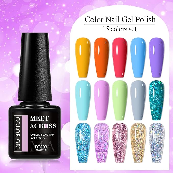 MEET ACROSS Red Blue Gel Nail Polish Set 18Pcs Glitter Gel Polish Kit 15 Colors Pink Orange Purple Collection Set Professionail Gel Manicure Kit Gift for Women