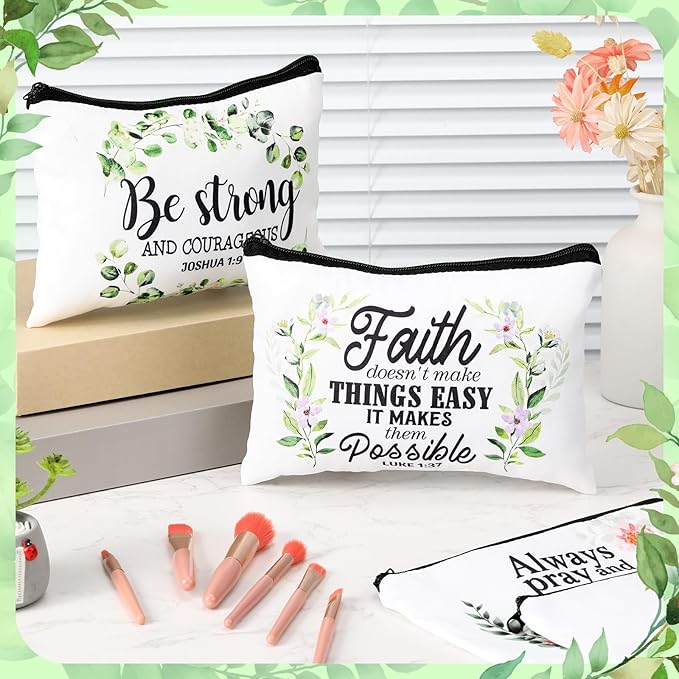 Pinkunn 16 Pcs Canvas Cosmetic Bag Bulk Inspirational Quotes Makeup Bags with Zipper Encouragement Travel Toiletry Pouch Appreciation Gift for Christmas Teacher Birthday Graduation(Bible Leaves)