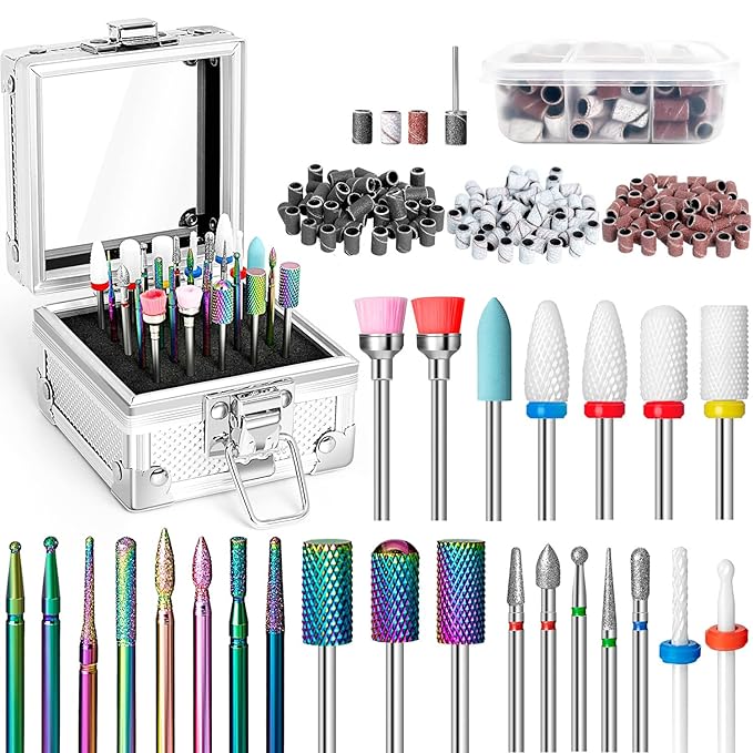 Onism 25Pcs Nail Drill Bits Set - 3/32 Inch Tungsten Carbide Ceramic Nail Bits Kit for Professional Manicure Pedicure Remover for Home Salon Acrylic Gel Nail Polish - With Nail Tool Box, Sanding Bands