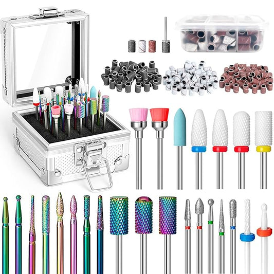 Onism 25Pcs Nail Drill Bits Set - 3/32 Inch Tungsten Carbide Ceramic Nail Bits Kit for Professional Manicure Pedicure Remover for Home Salon Acrylic Gel Nail Polish - With Nail Tool Box, Sanding Bands