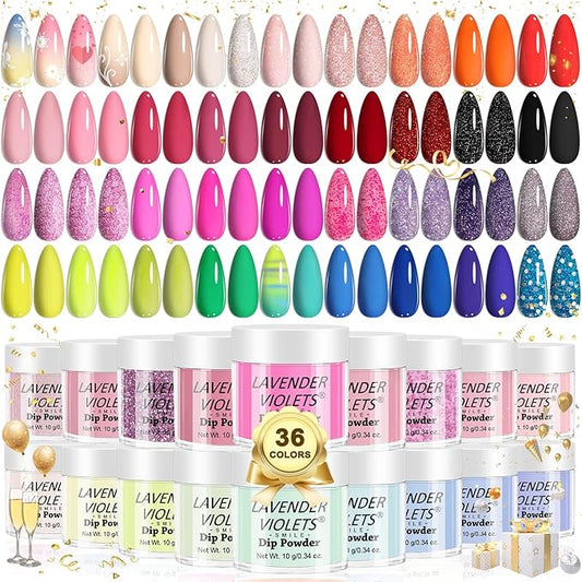 Lavender Violets 36 Colors Dip Powder Nail Kit Starter Quick Drying Dipping Powder Colors Set French Nail Nude Neon All Seasons for Home Salon M950