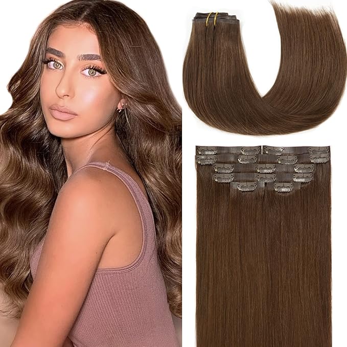 Loxxy Tape Clip In Hair Extensions Natural Thick End Glam Seamless Hair Extensions Clip in Human Hair For Women Silky Straight Full Head Dark Brown Color 7 Pieces 110Gram 16inch
