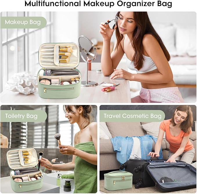 Travel Makeup Bag Organizer, Large Capacity Cosmetic Pouch for Women, Waterproof Make Up with Divider, Clamshell Makeup Case Make Up Bag with Handle and Metal Zipper, Travel Essentials Green