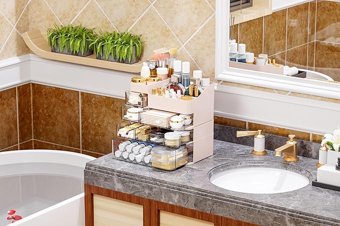 Make up Organizer With 6 Drawers,2 Pack Stackable Plastic Cosmetic Storage Organizer for Dresser and Vanity,Ideal for Beauty,Perfume,Brushes,Skincare Bathroom Organizers and Storage Counter,Pink