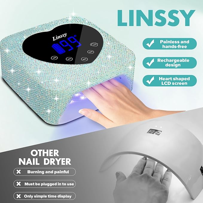 UV Light for Nails,Linssy 72W Cordless UV LED Nail Lamp Nail Dryer with Touch Display & 5 Timer Settings, Rechargeable Nail Light with Diamond & Pearl for Fast Curing (Blue)