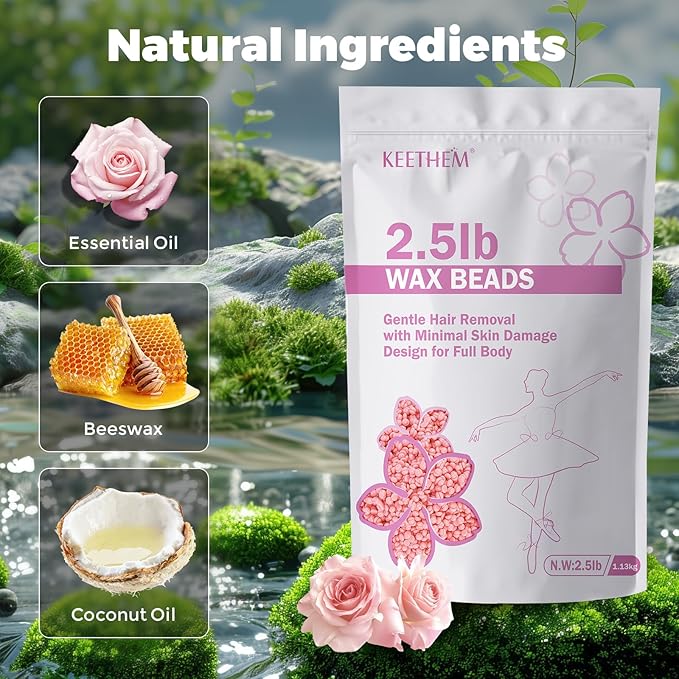 Wax Beads, Hard Wax Beads Hair Removal - 2.5 lbs Wax Beads for Sensitive Skin - Hard Wax Recommended for Full Body Bikini Brazilian Waxing (Rose)