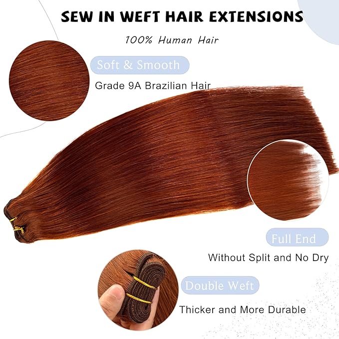 Ubetta Human Hair Weft Extensions, Dark Auburn Brown Sew in Hair Extensions Real Human Hair Weft Weave Hair Extensions 80G 12 Inch Double Weft Full Head Straight Human Hair Weaves Hair Weft Bundles