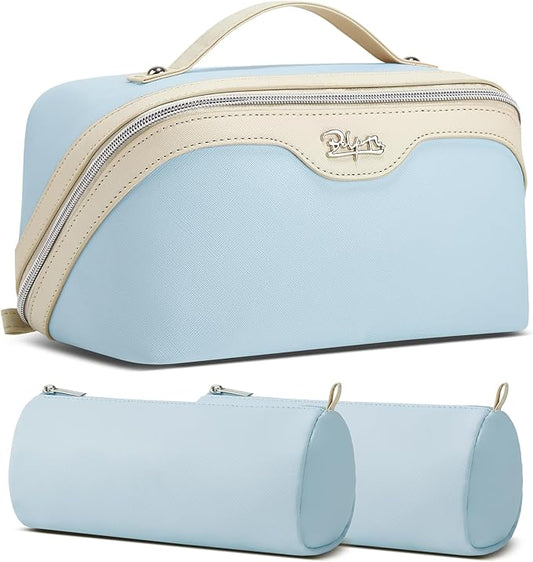 BOYATU Travel Makeup Bag Set: Portable Make up Bag for Traveling - Leather Cosmetic Bags for Women - Waterproof Toiletry Organizer Bags with Handle (D-05-Blue)