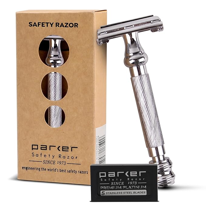 Parker 99R Chrome Long Handle Heavyweight Butterfly Open Double Edge Safety Razor for Men, 5 Parker Premium Platinum Double Edge Razor Blades Included