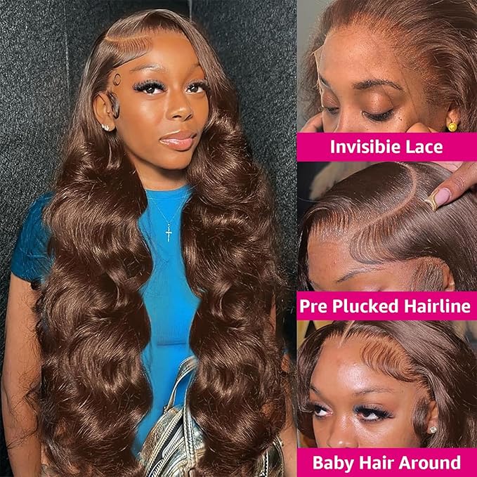 30 Inch Chocolate Brown Lace Front Wig Pre Plucked 13x6 Body Wave Lace Front Wigs Human Hair 180% Density Colored #4 Light Brown Glueless Wig HD Lace Frontal Wigs for Women