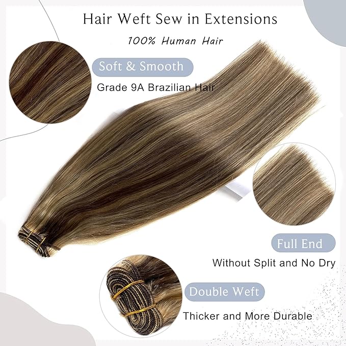 Sew in Hair Extensions Real Human Hair 14 Inch Weft Extensions Real Remy Hair Ash Brown Balayage Honey Blonde Highlights Double Weft Full Head Straight Hair Weaves 80G Hair Weft Bundles Straight Hair