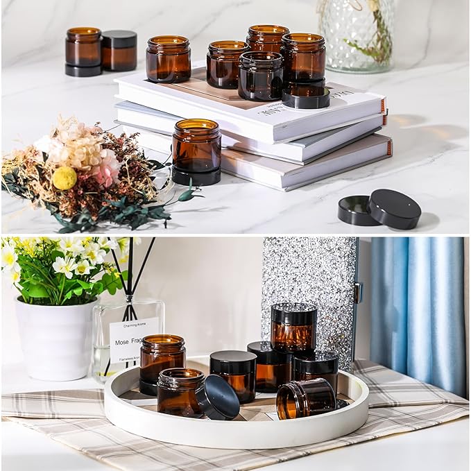 Domensi 48 Pcs 2 oz Glass Jars with Lids Travel Size Round Leakproof Empty Cosmetic Jars with Inner Liners Lid for Storing Makeup Lotions Face Cream Ointments Candle DIY Making (Amber)