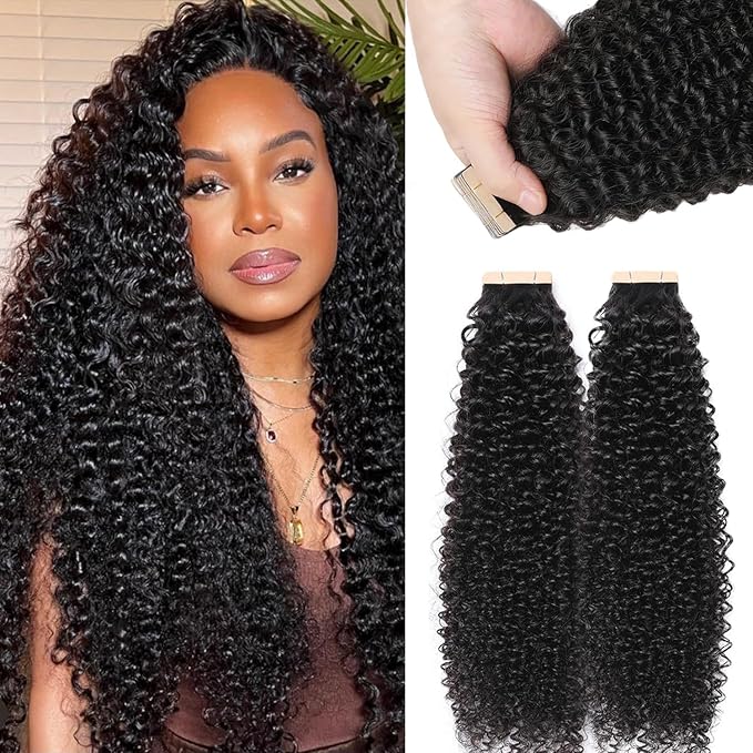Kinky Curly Tape in Extensions - Human Hair Tape Ins for Black Women - Natural Black Hair Extensions, 20Inch, 20PC, 50G/Set, Double Sided, for Short Hair
