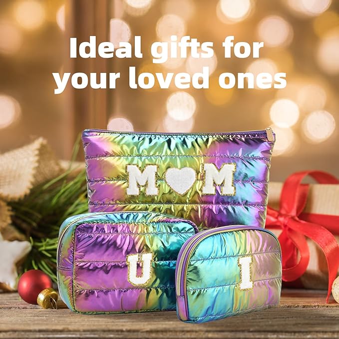 Hiroyuki 3pcs Iridescent Quilted Makeup Bag (ILOVEUMOM, rainbow)