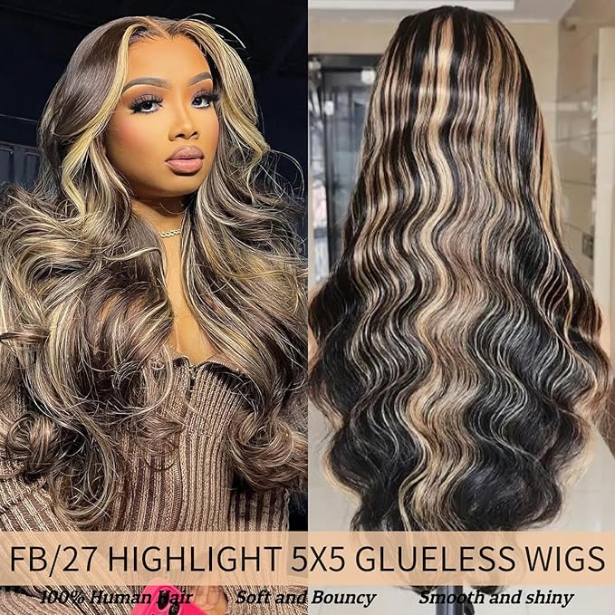 5x5 Wear and Go Glueless Wig Human Hair Pre Plucked Pre Cut FB/27 Honey Blonde Body Wave Lace Front Wigs Human Hair for Women 180% Density 22Inch
