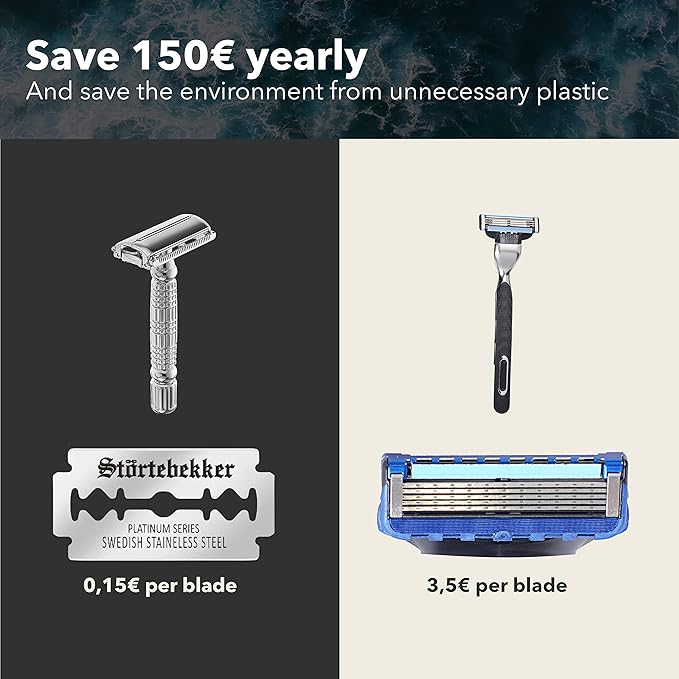 Störtebekker® Premium Men's Safety Razor ‘Hamburg’ - incl. handmade leather case with built-in mirror, 10 Störtebekker blades & shaving guide - First Class Wet Razor shaving set - Gift Idea for Men