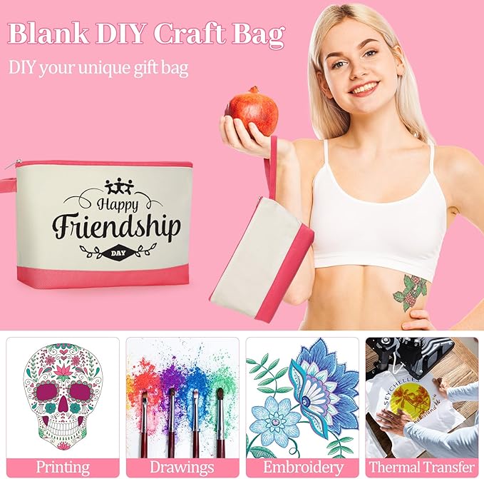 Silkfly 15 Pcs Cotton Canvas Makeup Bags Canvas Cosmetic Bag 10.2 x 5.5 x 2 Inches Two Tone Makeup Bags Bulk with Zipper Blank DIY Pouch with Bottom Travel Toiletry Pouch for Women (Cute)