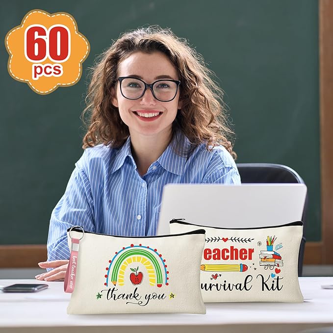 60pcs Teacher Appreciation Gifts Set，Teacher Survival Kit Canvas Makeup Bags for Women, Silicone Keychain Pouch Cosmetic Bag Travel Toiletry Bag for Thank You Gift