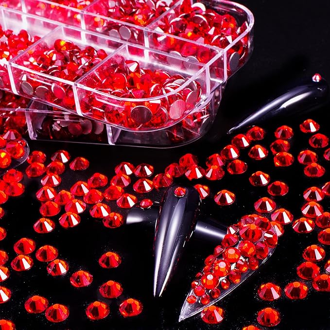 2400 Pcs Nail Art Rhinestones Red Flat Back Rhinestones Gems Round Crystal Siam 6 Sizes (1.9-4.5 mm) Wax Pencil Tweezers for Nail Art Makeup Clothes Shoes Bags Crafts DIY(Red) HUETFAT