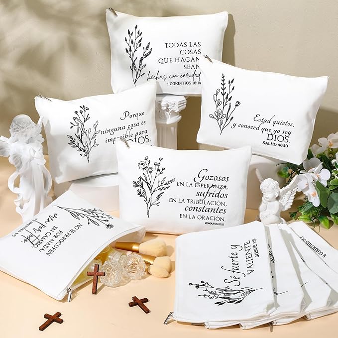 10Pcs Christian Gifts for Women Religious Cosmetic Bags Inspirational Bible Verse Pencil Pouch Canvas Makeup Bags Bulk with Zipper for Mother Sister Church Favors