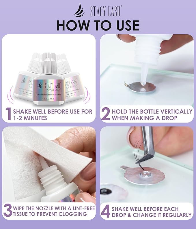 Crystal Clear Eyelash Extension Glue Stacy Lash (0.34fl.oz/10ml)/1 Sec Drying Time/Retention – 8 Weeks/Transparent Adhesive/Professional Supplies
