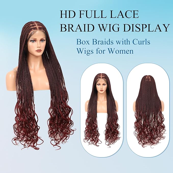 360° HD Full Lace Knotless Braided Wigs for Women Box Braid Wig with Curly End Braided Lace Front Wigs Hair Human Hair Blended Braid Wig with Baby Hair Burgundy 36Inch