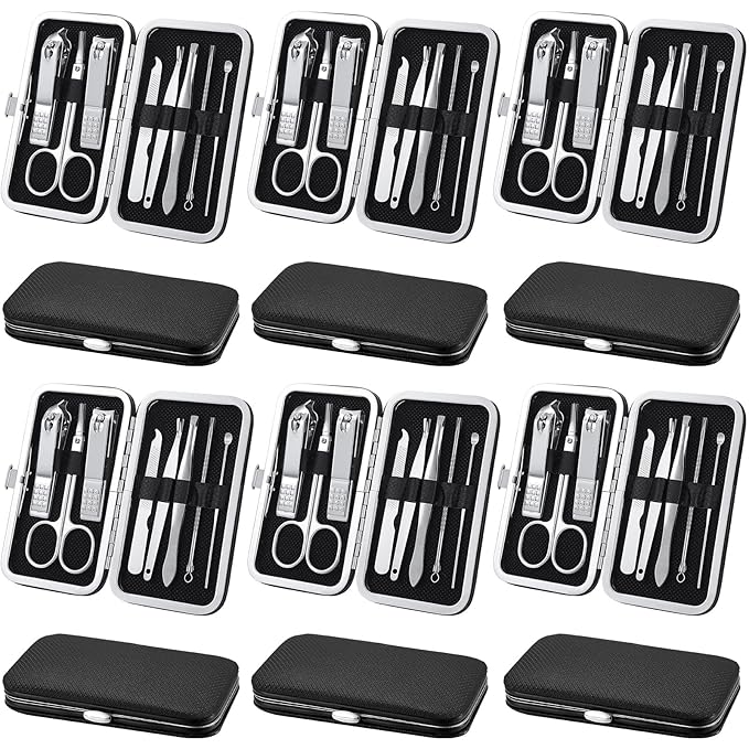 Geosar 12 Sets Manicure Set Nail Clippers Pedicure Kit 8 in 1 Stainless Steel Professional Grooming Kits Nail Care Tools with Travel Case for Men Women(Black)