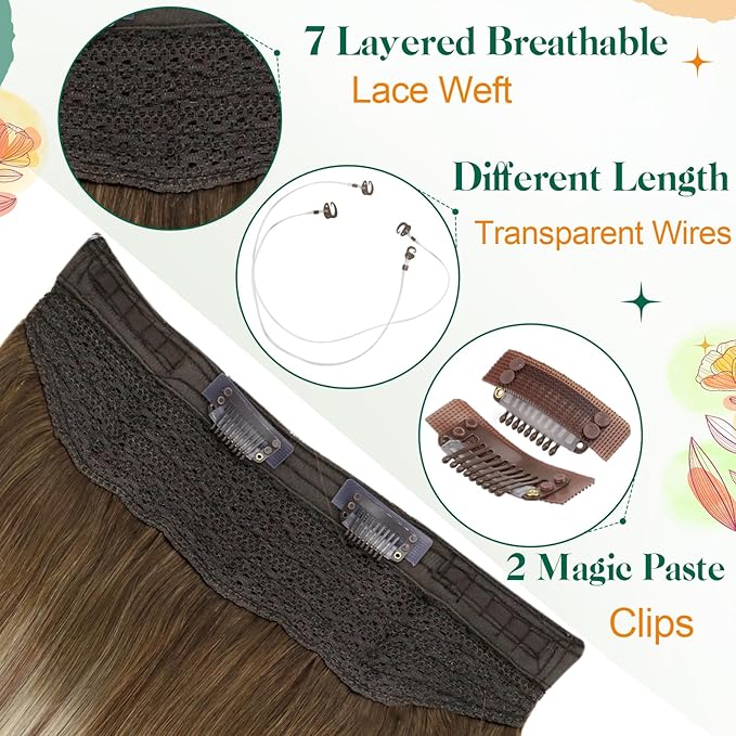 Easyouth Wire Human Hair Extensions Balayage Invisible Wire Extensions Real Human Hair Dark Brown Ombre Light Brown with Blonde Real Hair Wire Extension with Clips for Thinning Hair 18Inch 80G