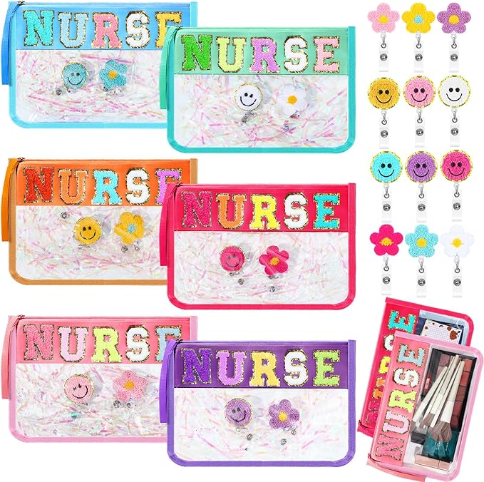 Coume 18 Pcs Nurse Makeup Bags Badge Clips Gifts Clear Pouches with Nursing Badge Reel Flower Smile Face Nursing ID Card Clips for National Certified Nurses Day Teacher Student, 11.8 x 7.87 inch