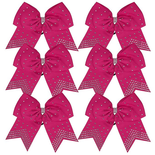 8 Inch Cheerleader Bows Ponytail Holder with Bling Fling Rhinestones Hair Tie Cheerleading Bows 6 Pcs (Shocking Hot Pink)
