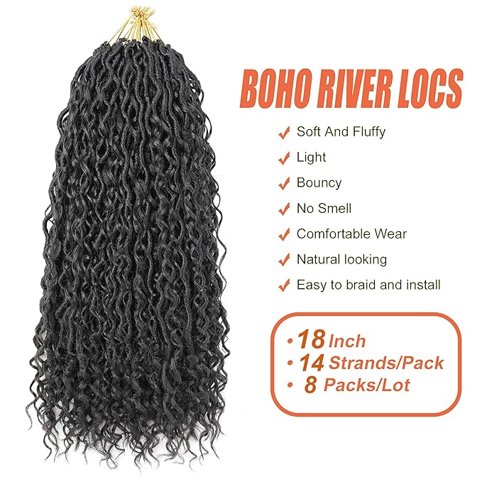 Aipin Goddess Locs Crochet Hair River Locs Wavy Crochet With Curly Hair In Middle And Ends Braids Hair Extensions(8 Packs,18 inch, 1B)