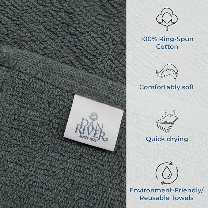 DAN RIVER 100% Cotton Washcloths 24 Pack Premium Quality Face and Body Cloth, Quick Dry Essential Towels for Bathroom, Hand, Kitchen & Cleaning, Baby Washcloths | 12X12 in | 400 GSM | Gray