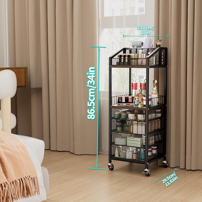 HapiRm Makeup Organizer Storage Cart - Floor Skincare Make Up Storage with 4 Drawers, Rolling Makeup Cart Vanity Organizer Cosmetics Display Cases Holder for Skin Care Perfume Nail Polish