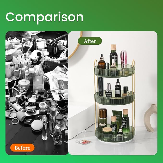 Aveniee Rotating Makeup Organizer for Vanity, 3 Tier Skin Care Perfume Bathroom Counter Organizers and Storage, Clear Spinning Cosmetics Storage Holder for Dresser(Green)
