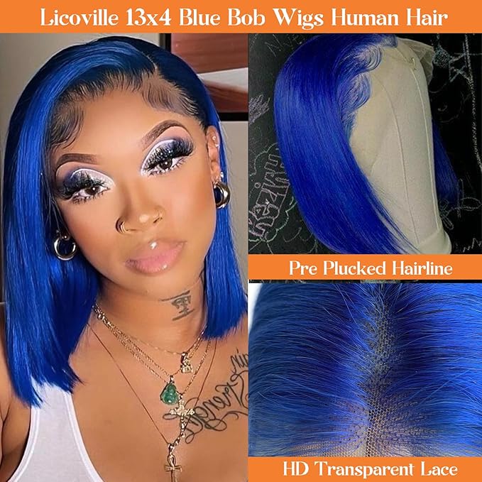 13x4 HD Transparent Blue Bob Wig Human Hair Lace Front Wigs 8 Inch Pre Plucked with Baby Hair 180% Density Blue Human Hair Bob Wig Free Part Colored Bob Frontal Wigs for Women