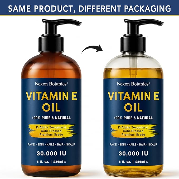 Pure Vitamin E Oil 30,000 IU, 8 fl oz - Cold-Pressed, Hexane Free, Natural Moisturizer for Skin & Face - Supports Scar & Stretch Mark Care by Nexon Botanics