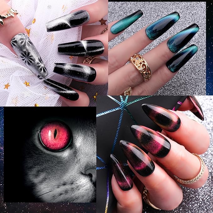 Clara Colors Cat Eye Gel Nail Polish Set - UV Light, 20 Colors Magnetic & Holographic Glitter Galaxy Series - Cat Eye Gel Polish Kit with 4 Magnets, Black & White Base & Top Coat