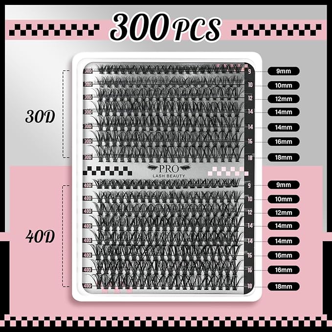 Lash Extension Kit 300 Pcs Lash Clusters Eyelash Extension Kit with Lash Bond and Seal Lash Remover Eyelash Brush Tweezer DIY at Home (30D+40D, D-9-18mix Kit)