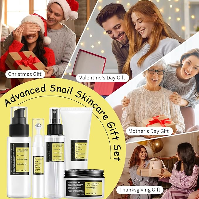 Advanced Snail Mucin Skincare Set For Teen Girl, Anti Wrinkle & Repair Face Skin Care Gift Set With Face Wash, Toner, Serum, Face Cream, Eye Cream, 5PCS Peptides Snail Mucin Kit Travel Size For Women.
