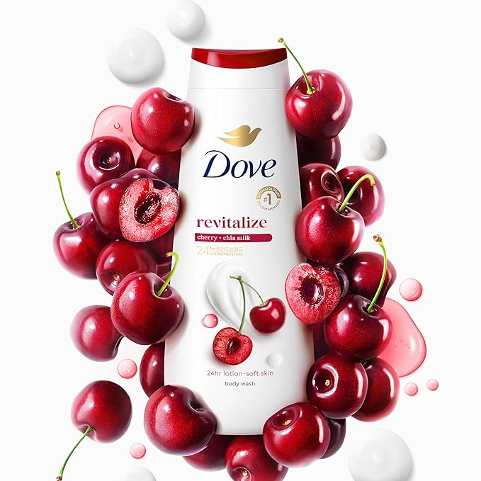 Dove Body Wash Revitalize Cherry and Chia Milk For 24hr Lotion-Soft Skin Moisturizing Skin Cleanser with No Sulfates No Parabens 20 oz