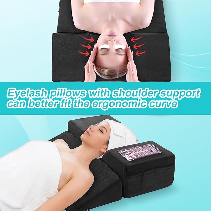 BALAPET Lash Pillows for Eyelash Extensions Ergonomic and Comfortable Velvet Foam Eyelash Pillow for Neck and Back Support Pillow Side Pockets can be Placed Tools,Easy to Graft Eyelashes(Black)