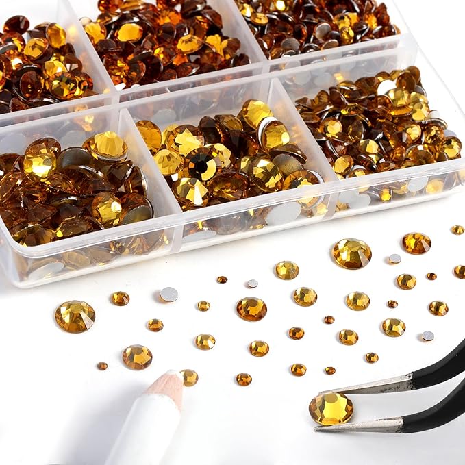 Beadsland 8300PCS Flatback Rhinestones, Topaz Rhinestone Nail Gems Round Crystal Rhinestones for Crafts, Mixed 10 Sizes with Wax Pencil and Tweezer Kit, SS3-SS30, Topaz