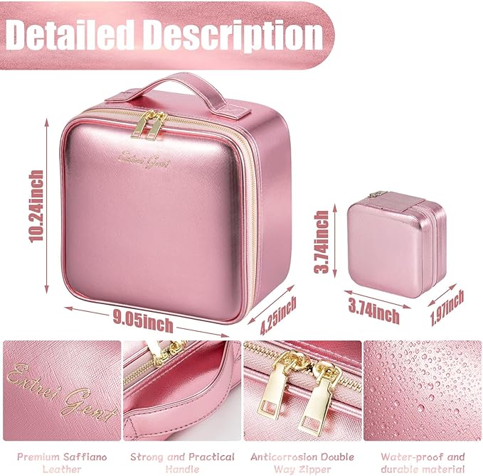 Makeup Travel Train Case with Mirror LED Light 3 Adjustable Brightness Cosmetic Bag Portable Storage Adjustable Partition Waterproof Makeup Brushes Makeup Jewelry Gift for Women