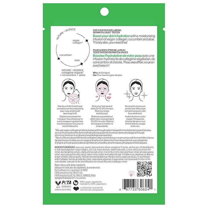 Pacifica Sheet Face Mask - Vegan Collagen Hydrate & Plump with Cucumber & Aloe – Moisturizing Mask for Dry & Aging Skin - Clean Beauty Vegan & Cruelty-Free Dermatologist Tested